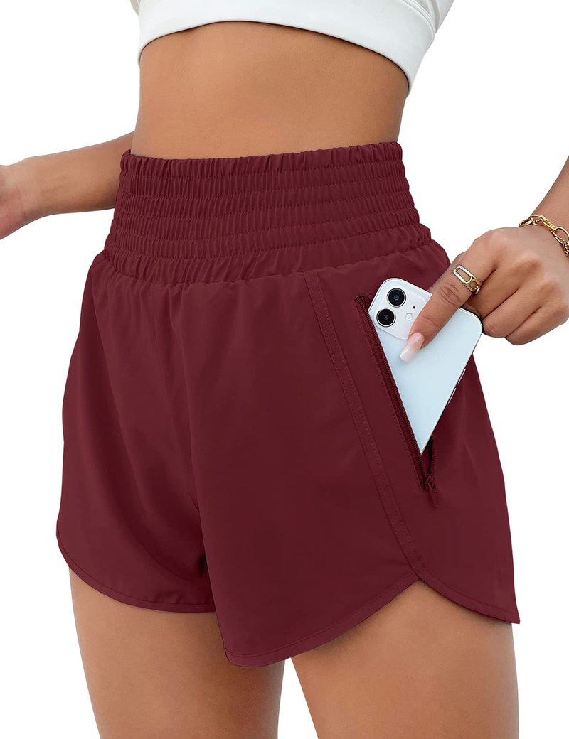 BMJL Women's Athletic Shorts High Waisted Running Short Pocket 2.5" Sporty Shorts Gym Elastic Workout Shorts(L,Wine Red)