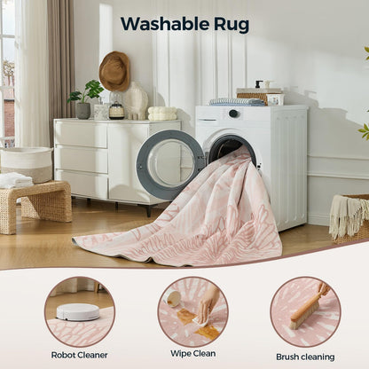 Pink Rugs for Bedroom Girls: 12x15 Modern Large Washable Soft Cute Boho Floral Pattern Area Rug Neutral Indoor Floor Non-Slip Carpet for Living Room Dining Nursery Kids Playroom Baby Room House Decor