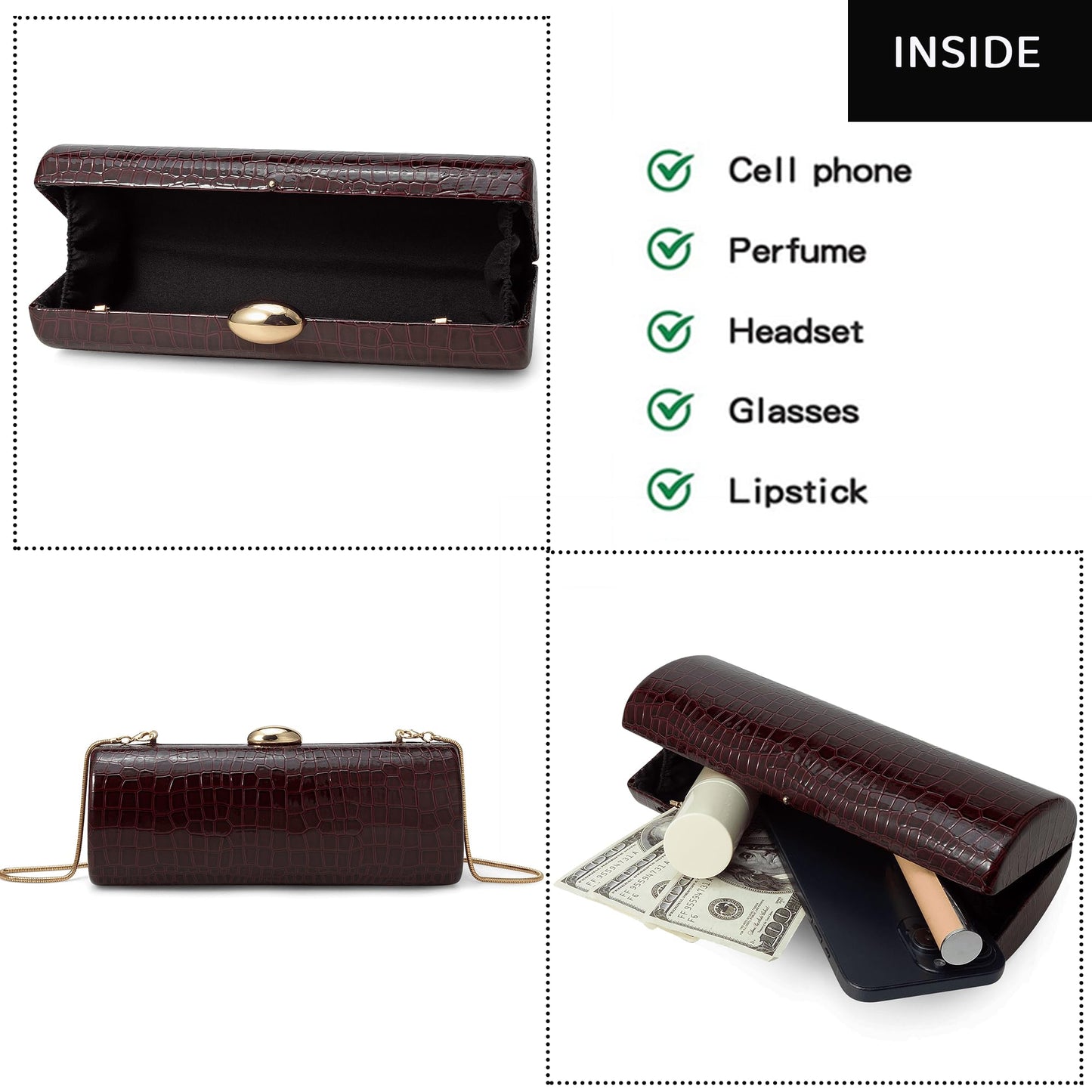 Buric Vegan PU Leather Evening Clutch Purses Crocodile Pattern Handbags Formal Envelope Shoulder Bags for Party Wedding Prom Brida Wine Red