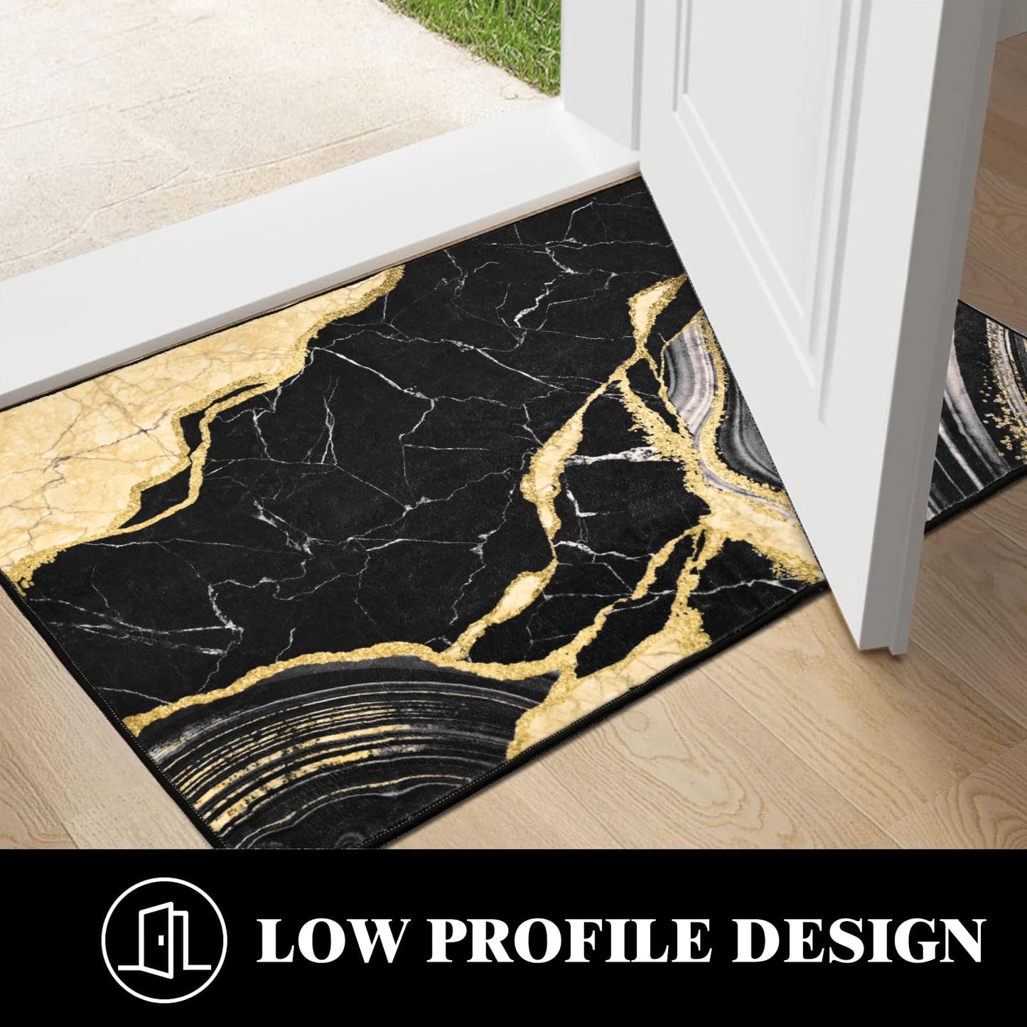 ASPMIZ Black and Gold Area Rug 2x3 Marble Entryway Rug Non-Slip Washable, Modern Indoor Door Mat Small Throw Rugs for Kitchen, Soft Faux Wool Floor Carpet Front Door Rugs Low Profile