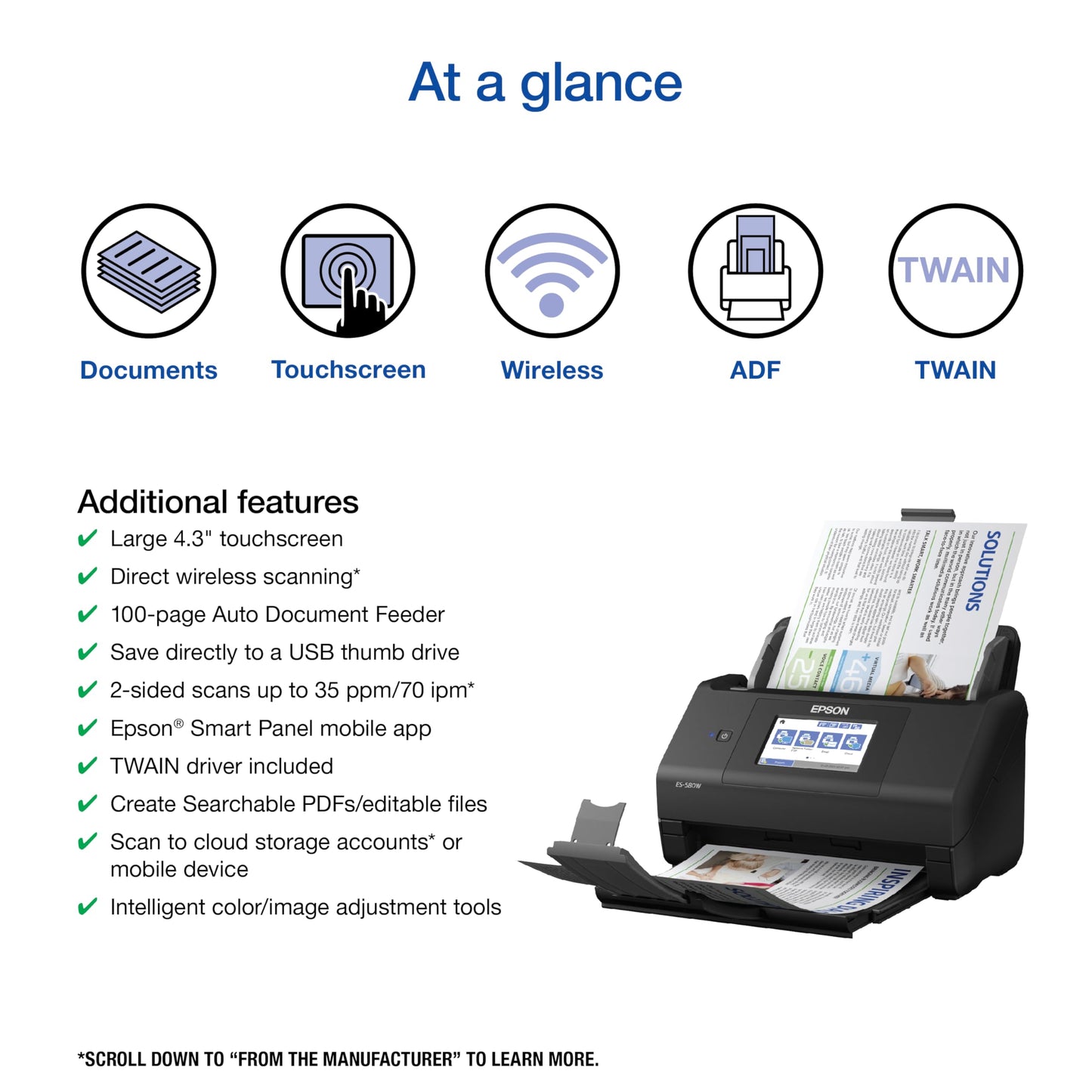Epson Workforce ES-580W Wireless Color Duplex Tax Receipt & Desktop Document Scanner for PC and Mac with 100-sheet Auto Feeder (ADF), Intuitive 4.3' Touchscreen