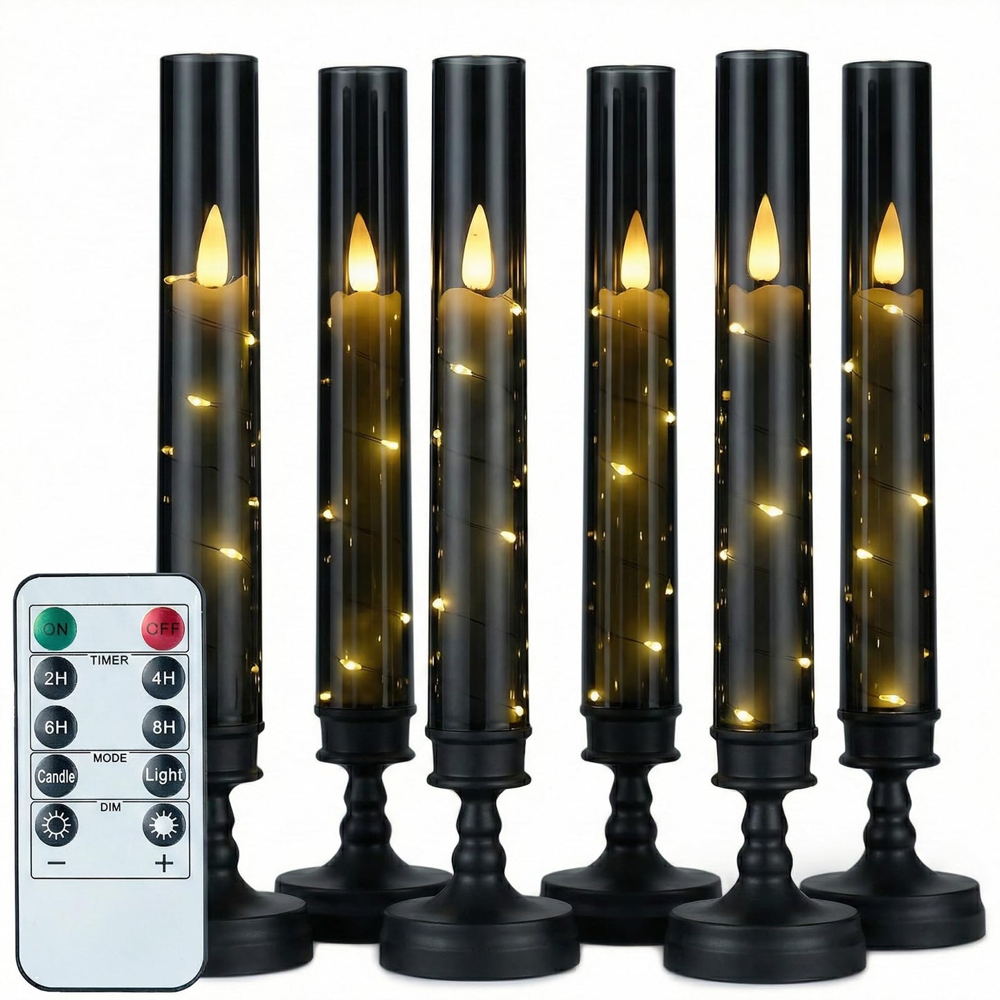 Prerish 6PCS Flameless Candles with Timer, Flickering Fake Electric LED Candles for Romantic Ambiance, Battery Operated Candles, Centerpiece Table Decorations, Wedding, Halloween, Christmas (Black)