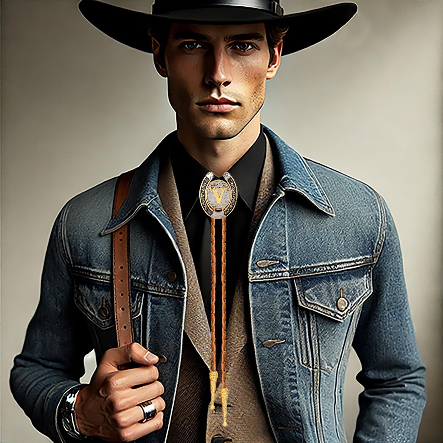 HLYMPONY Bolo tie for Men Western Cowboy Brown Leather Necktie Gold Initial Letter ABCDJMR to Z Bolo ties for Women (V)