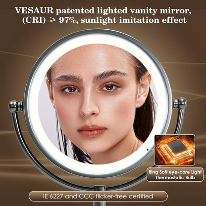 Professional 8.5" Large Lighted Makeup Mirror with Brighter Lights, 1X/10X True HD Magnifying Mirror with 3 Color Dimmable Lights, 90 Shadowless LEDs, 360°Swivel Seamless Vanity Mirror, Pearl Nickel