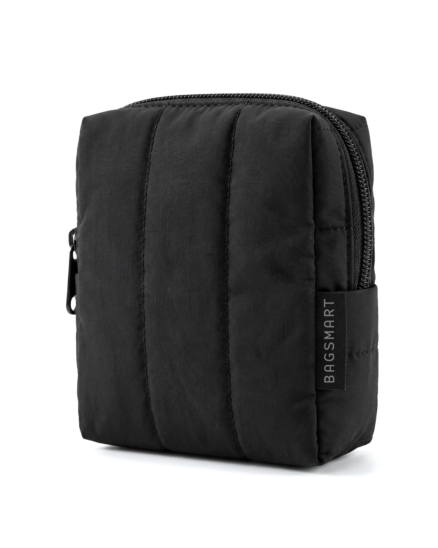 BAGSMART Small Travel Makeup Bag for Purse Toiletry Pouch, Puffy Padded Mini Cosmetics Bag, Cute Make Up Pouch for Women with Slip-in Pocket, Travel Essentials for Toiletries, Black