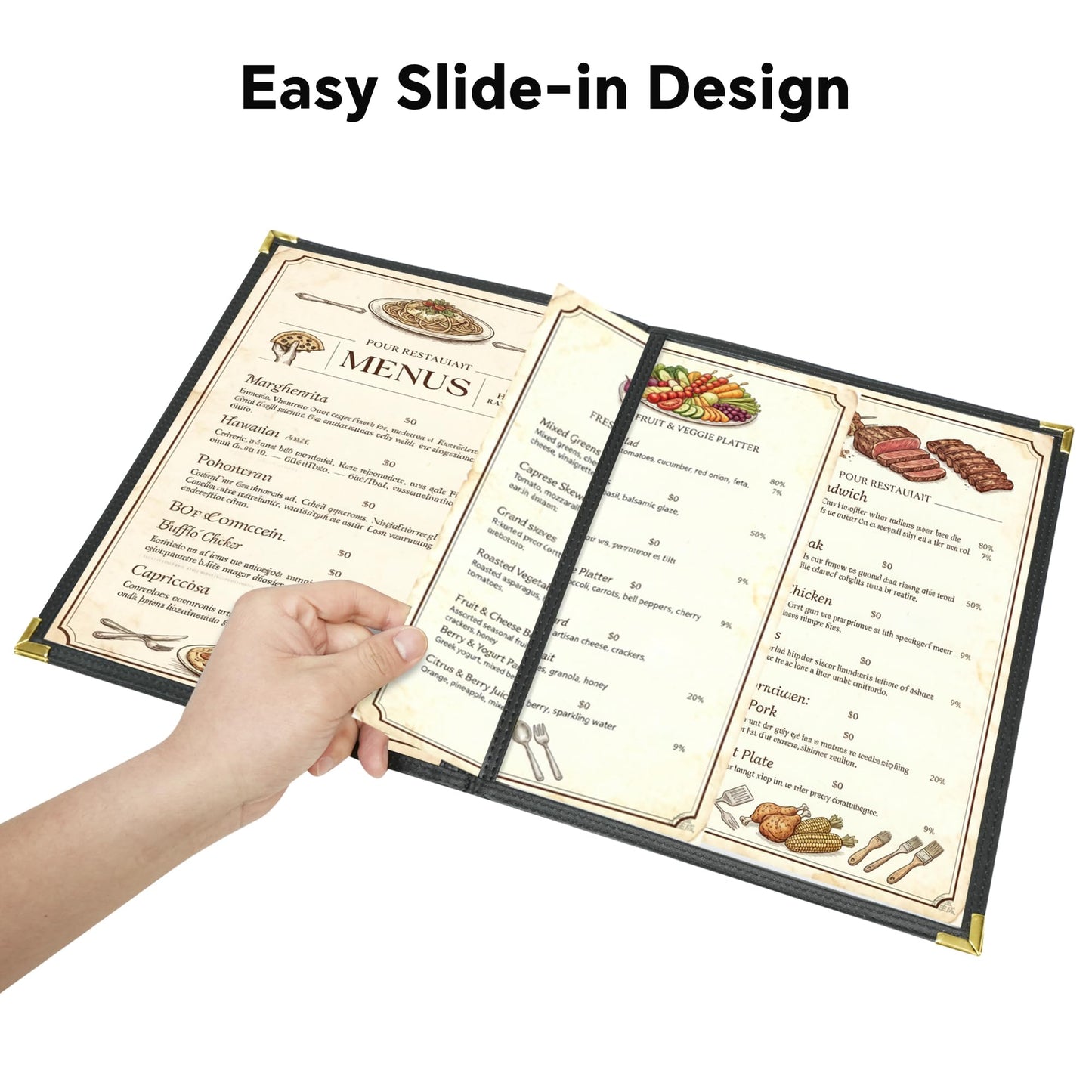 10 Pcs Menu Cover 8.5x14 Inch, Legal Size, 2 Pages / 4 Views Menu Sleeves, Clear Waterproof PVC Menu Holder (Black Edge, Gold Metal Corners)