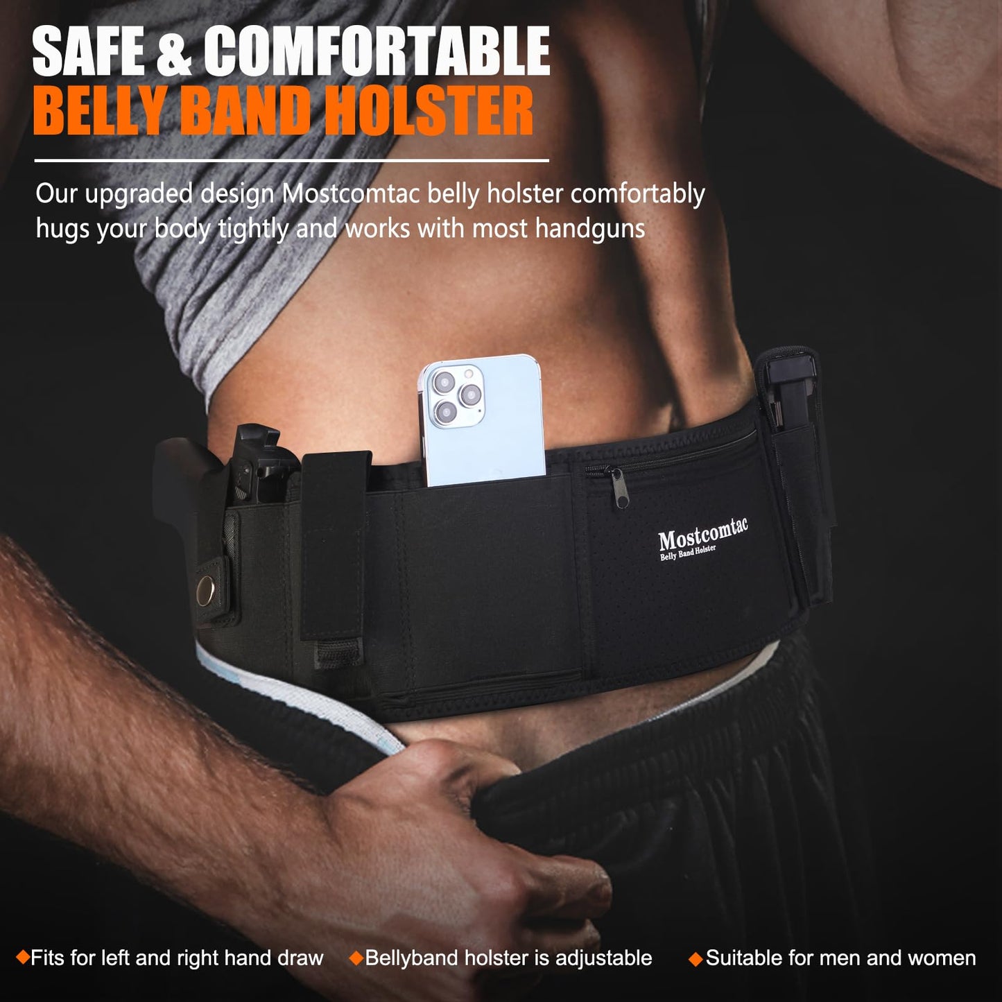 Mostcomtac Belly Band Holster for Men and Women - Comfortable and Breathable Gun Holster for Pistol Fits Glock 19 17 42 43 43x, Taurus, Ruger LCP, S&W M&P Shield and Most Guns and Revolvers