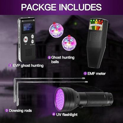 7-in-1 Ghost Hunting Equipment Kit for Paranormal Enthusiasts,Includes EMF Meter,EVP,Dowsing Rods,UV Light & Cat Balls-Novelty Set for Entertainment Use