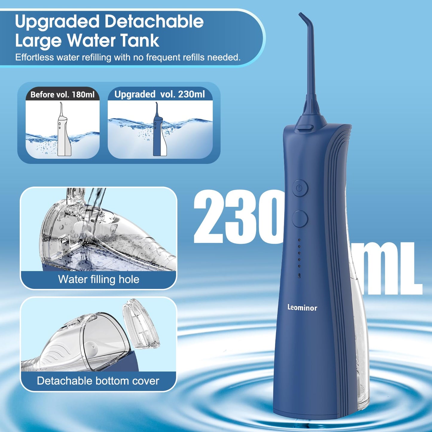 Leominor Water Dental Flosser - 5 Modes Cordless Portable Oral Irrigator, IPX7 Waterproof, Rechargeable Teeth Cleaner Upgrade Datchable Tank Professional Flossing Cleaning Pick for Home Travel (Black)