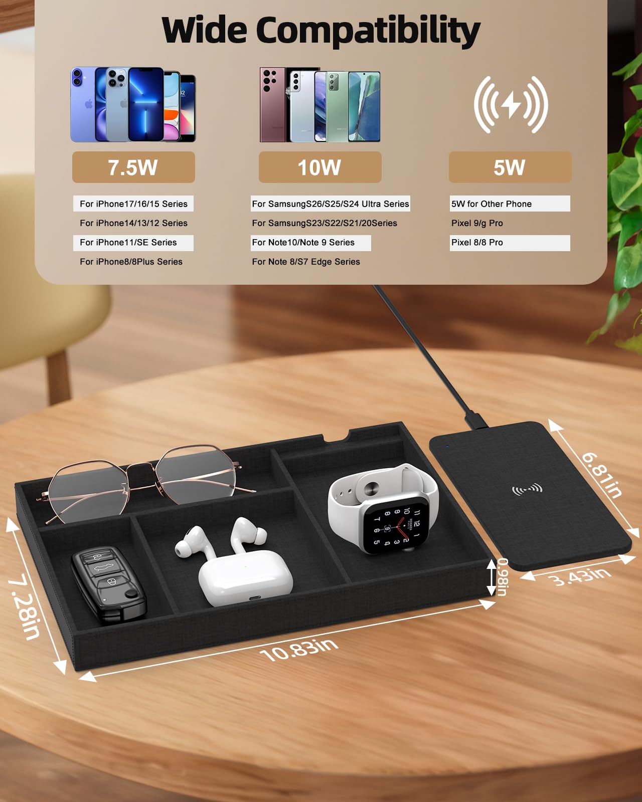 Valet Tray with Wireless Charger, Nightstand Organizer & Catchall Tray for Phone, Keys, Glasses and Accessories, Premium Linen, Stylish Desk & Bedside Storage Station, Black