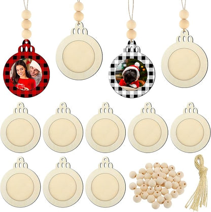 Blulu 24 Pcs Christmas Unfinished Picture Ornament Bulk Wooden Round Photo Frame Hanging Ornaments for Christmas Tree Stockings Decorations