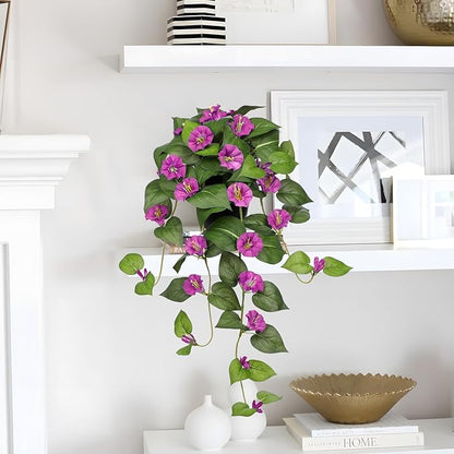 Briful Artificial Hanging Flowers in Pot 25.6" Faux Silk Morning Glory Flower Vine with Cascading Greenery Fake Hanging Plants for Home Office Bathroom Table Shelf Decor(Pink)