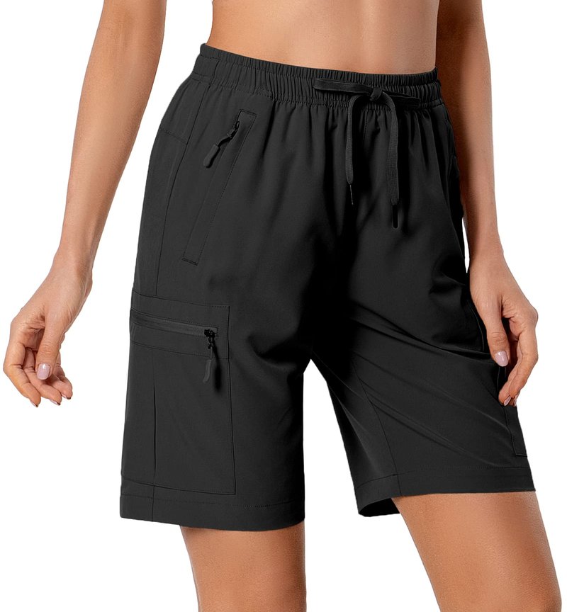 Hugut Women's Lightweight Hiking Cargo Shorts Quick Dry Athletic Shorts Camping Travel Golf Zipper Pockets Water Resistant Black