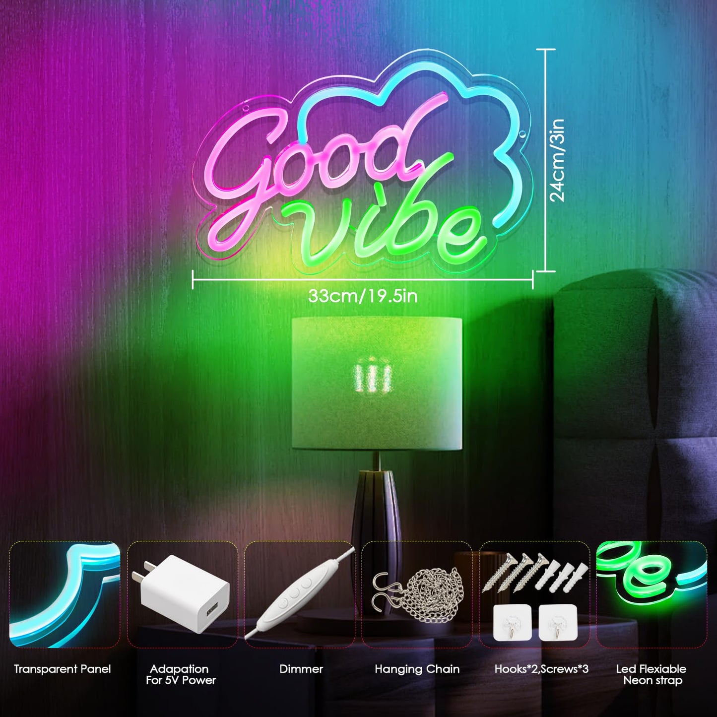 Good Vibe Neon sign Led Neon Lights Pink Wall Decor for Bedroom Led Sign USB Powered for Wall Decor Dimmable for Christmas Thanksgiving Birthday Party Girls Gifts