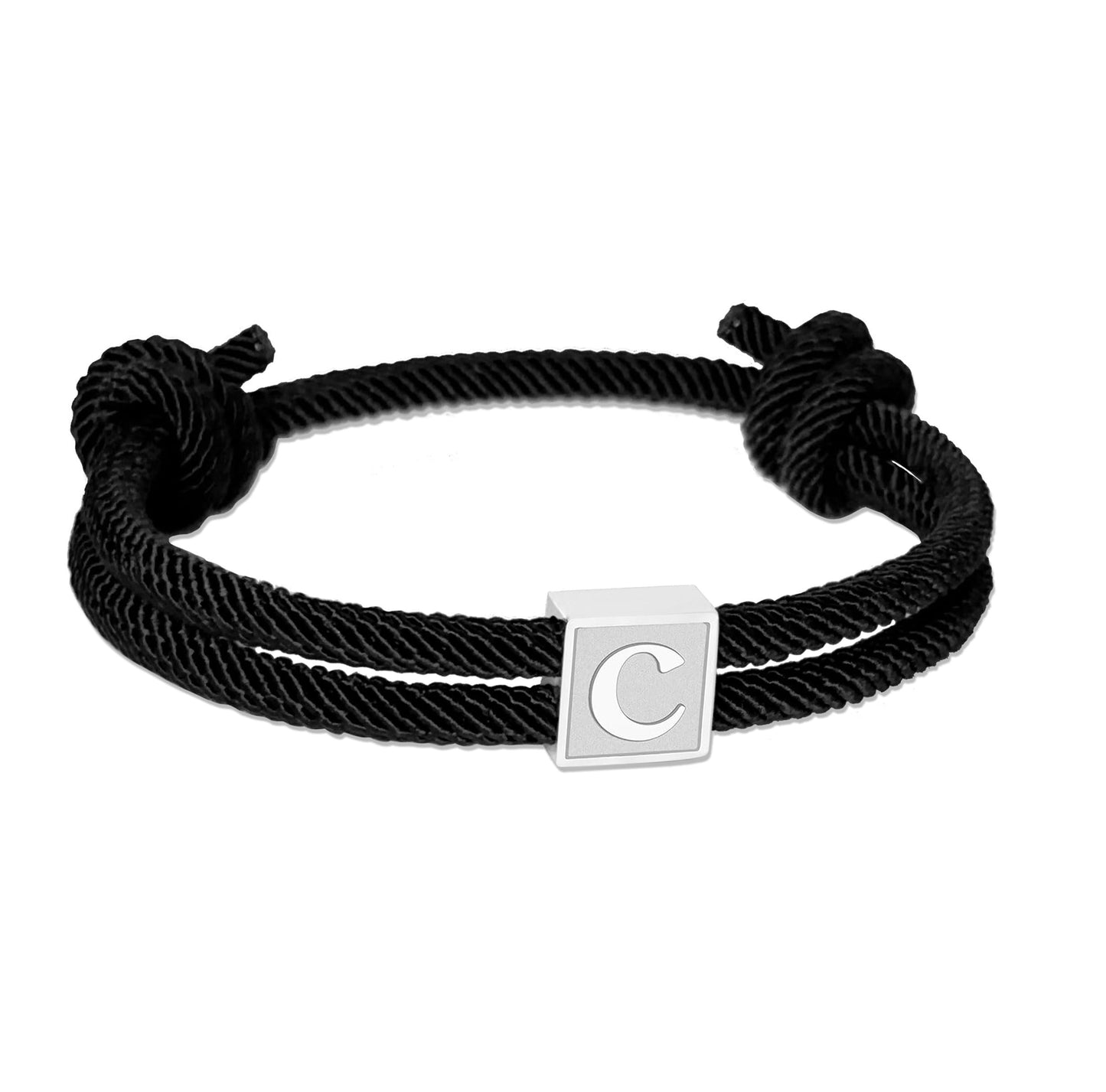 BHDJSHX Personalized Initial Rope Bracelet for Men, Stainless Steel A-Z Letter Charm Bracelet,Adjustable Handmade Braided Black Cord,7-13 Inches,Gifts For Men,Brothers,Son,Boyfriend(C)