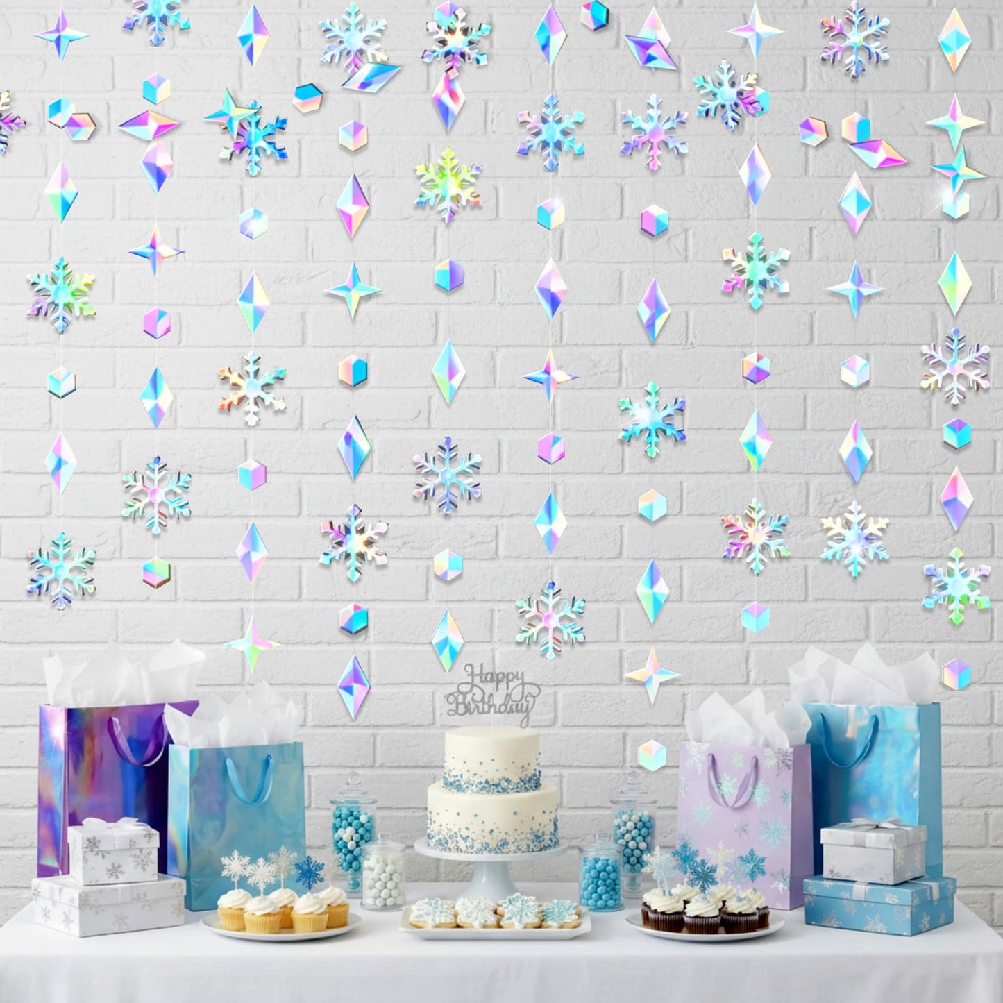 ReliThick Iridescent Snowflake Garland - Winter Decorations 46 ft Holographic Paper Snowflakes Hanging Streamer Snow Flake Banner Backdrop for Birthday Party Winter Christmas Decor