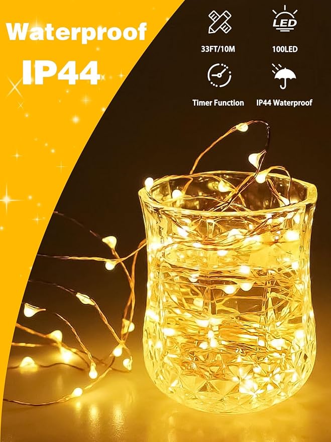 2 Pack 100LED Battery Operated Fairy Lights with Remote, 8 Modes LED String Lights with Timer, Dimmable, Memory Function, Waterproof Twinkle Lights for Outdoor Indoor Christmas Decor(Warm White)