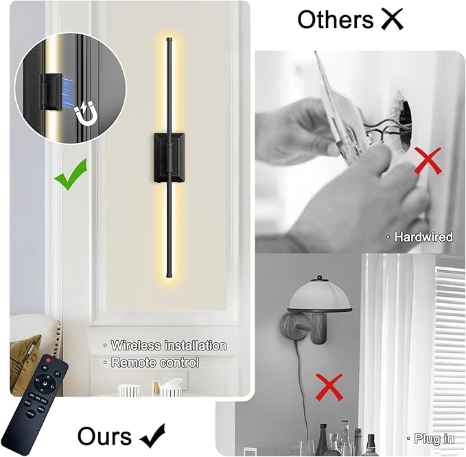 Battery Operated Wall Light Set of 2 - Black Picture Wireless Led Plug In Walls Sconce Fixture Indoor - Art Decor Bathroom Sconces Rechargeable - Modern Bedroom Cordless Lights Fixtures with Remote
