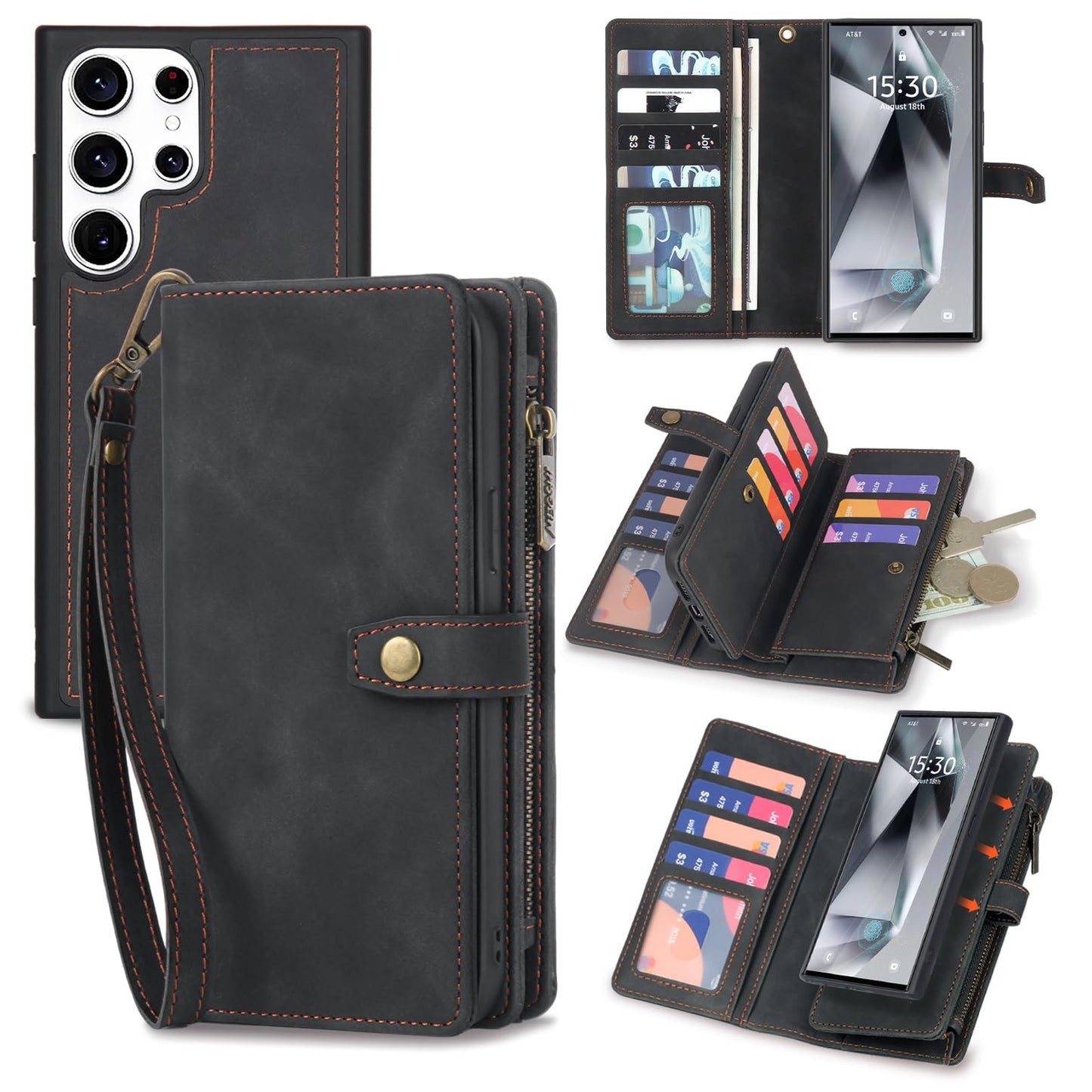 TwoHead for Samsung Galaxy S24 Ultra Wallet Case with Card Holder, Detachable Magnetic Phone Case for S24 Ultra,PU Leather All-Round Protective Phone Case Wallet with Wrist Strap,Black