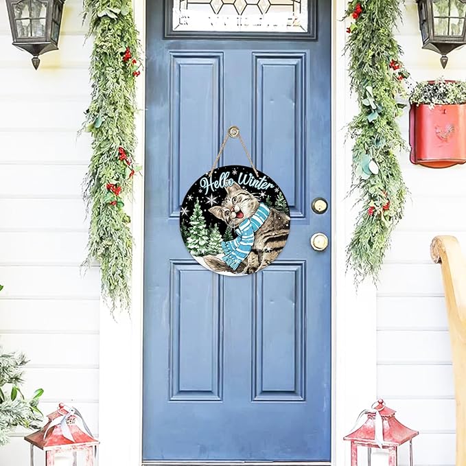 Deroro Hello Winter Cat Black Front Door Sign, Kitty Kitten Pine Tree Snowflakes Wood Door Hanger Outdoor Outside Porch Decor, Christmas Holiday Seasonal Wooden Wreath Indoor Wall Hanging Decoration