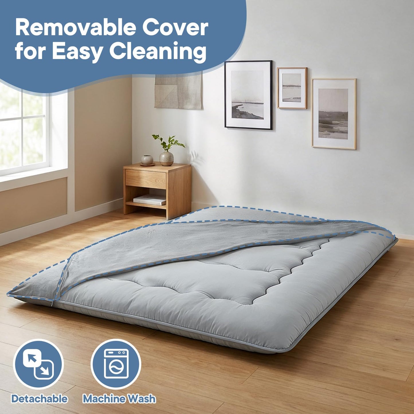 DUMOS Japanese Floor Mattress Queen Size, Futon Mattress Foldable with Removable Washable Cover, Portable Roll Up Tatami Mat for Small Bedroom, Couples, Family Movie Night and Home Use, Gray