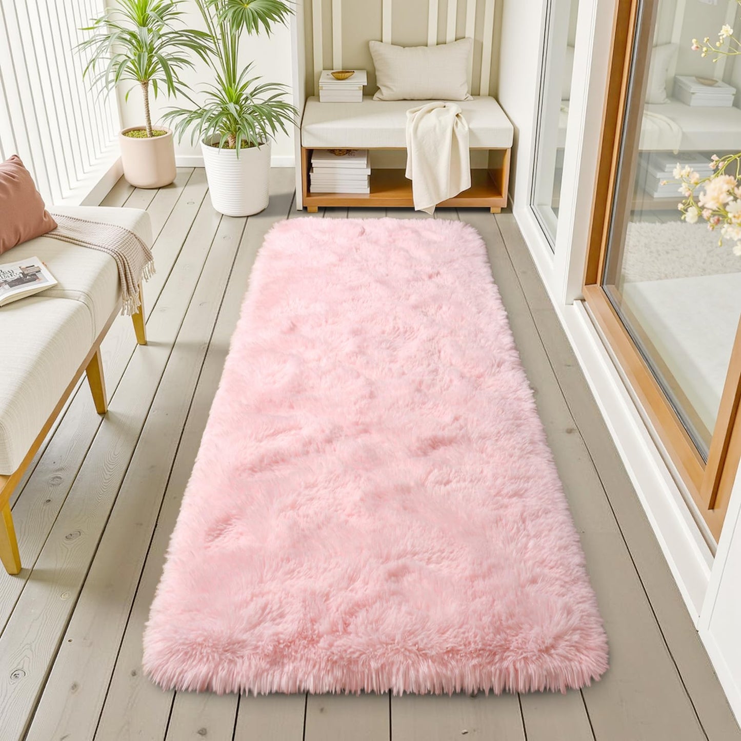 Terrug Pink Fluffy Runner Rug for Bedroom, 2x6 Ft Cute Shag Area Rugs for Hallway, Soft Machine Washable Plush Carpet with Non Slip Backing for Bathroom Bedside Kitchen Floor Decoration