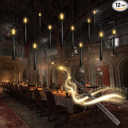 Flameless Floating Candles with Wand，12 Pcs Magic LED Hanging Taper Candles，Flickering Battery Operated Taper Candle with Wand Remote for Halloween Decorations Best Gift（Black）
