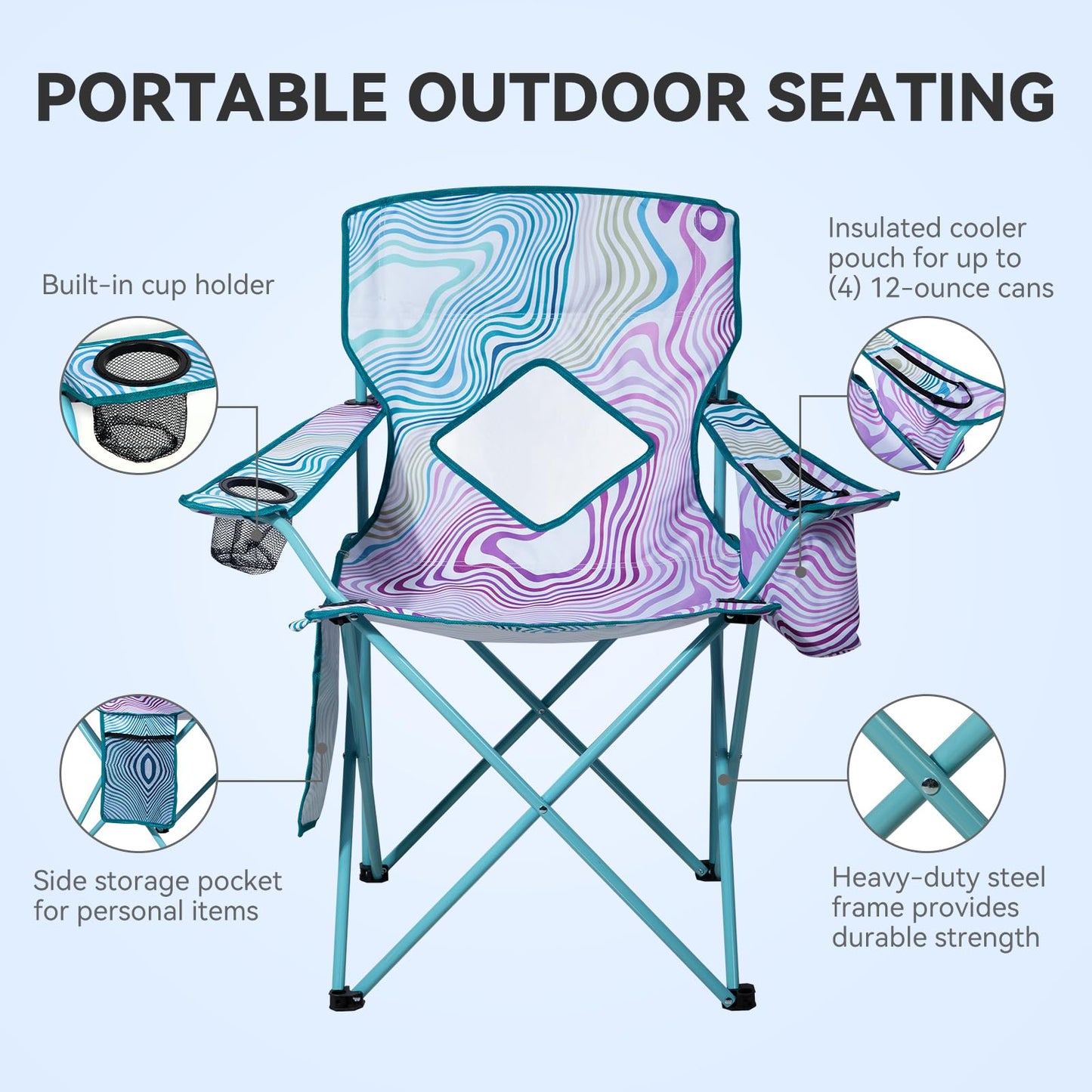 Nazhura 2 Pack Outdoor Camping Chairs Folding/Foldable/Portable with Cooler Pouch, Mesh Backrest and Cup Holder Pocket (Flower, Metal, 2 Pack)