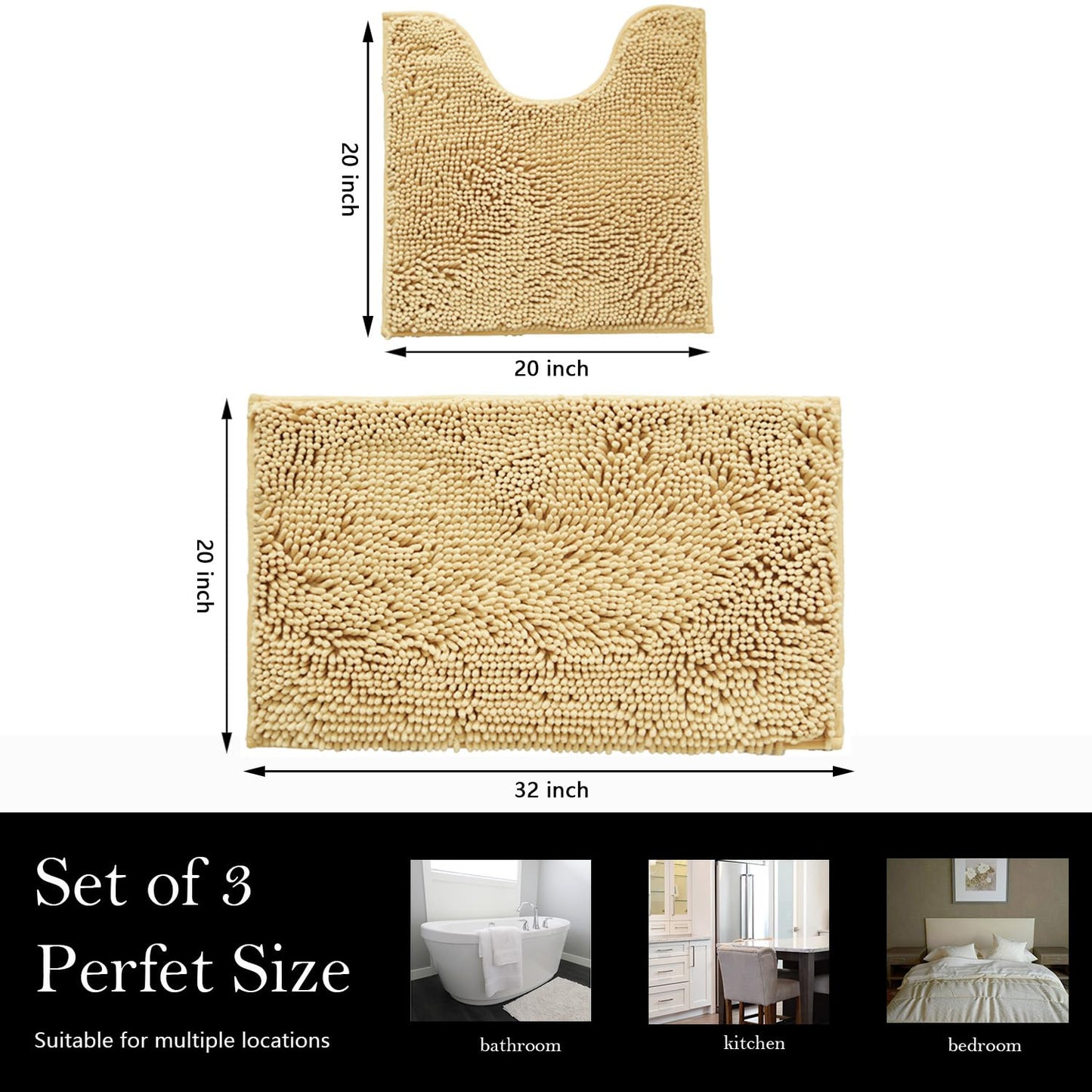 AINAHYVA Bathroom Rugs Chenille Bath mat 2 Piece Set, Super Absorbent, Strong PVC Non Slip Backing, Bath mats for Bathroom, Plush Shaggy, Thick, Machine Washable, Bathtub, Shower, Toilet.(Beige)