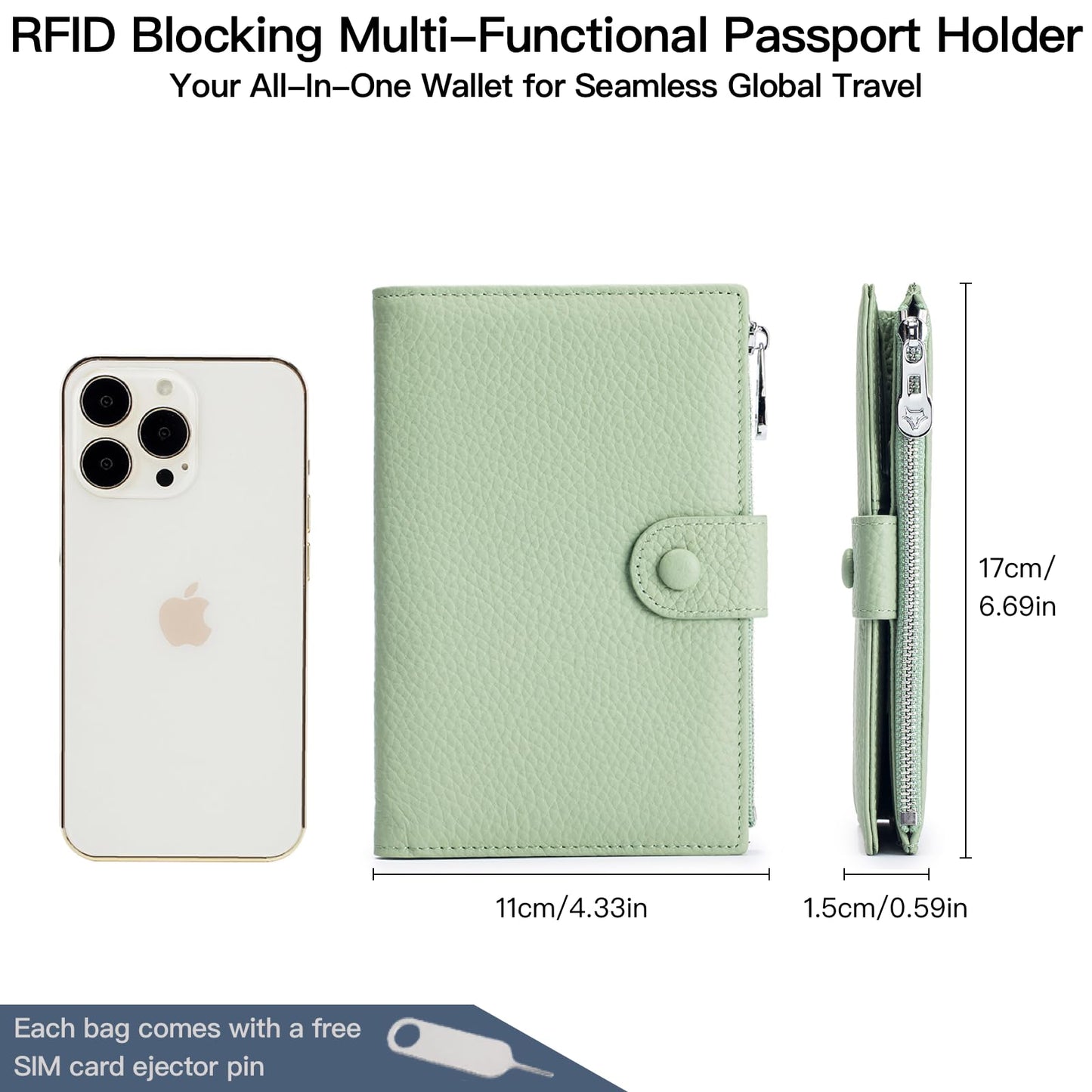 Genuine Leather RFID Blocking Passport Holder Wallet, Multi-Functional Travel Document Organizer with Zipper Pocket, Includes SIM Card Ejector Pin (Dark Khaki)
