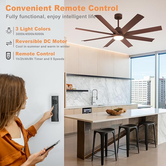 Depuley 60-Inch Ceiling Fan with Light: 8-Blade Large Ceiling Fans with Remote Control - Ultra Quiet DC Motor Reversible Timer Brown