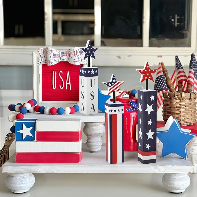 COCHIE 4th of July Decorations Set, Red White Blue Decor, Wooden Patriotic Memorial Day Tiered Tray Decor, Labor Day Decorations, Fourth of July Decoration for Home Office Table (Flag Printed)