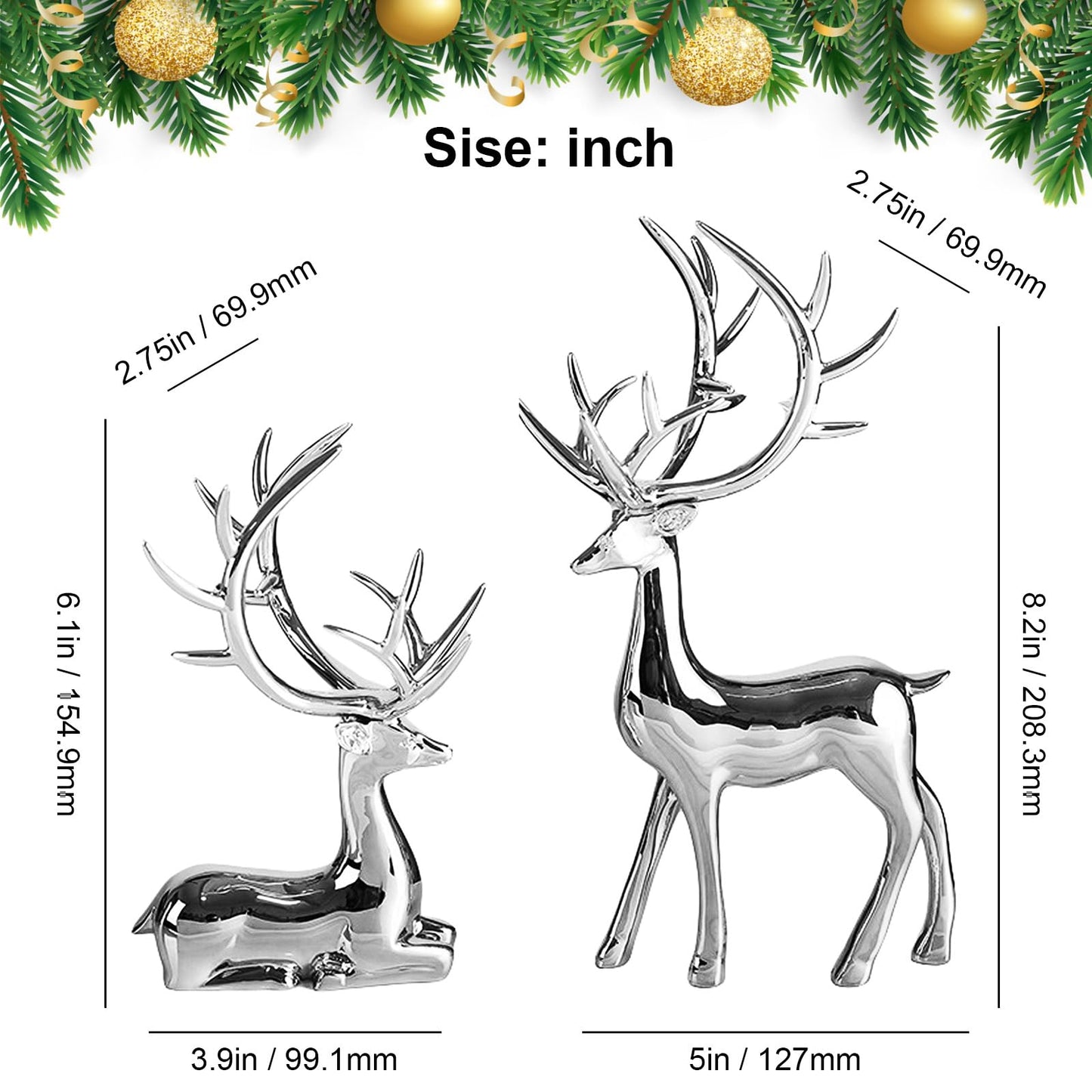 2PCS Silver Christmas Reindeer Figurines, Resin Elk Sculpture Statues, Standing Sitting Reindeer Statues, Xmas Ornaments for Home Living Room Office TV Cabinet, Ideal Christmas/New Year Seasonal Gift