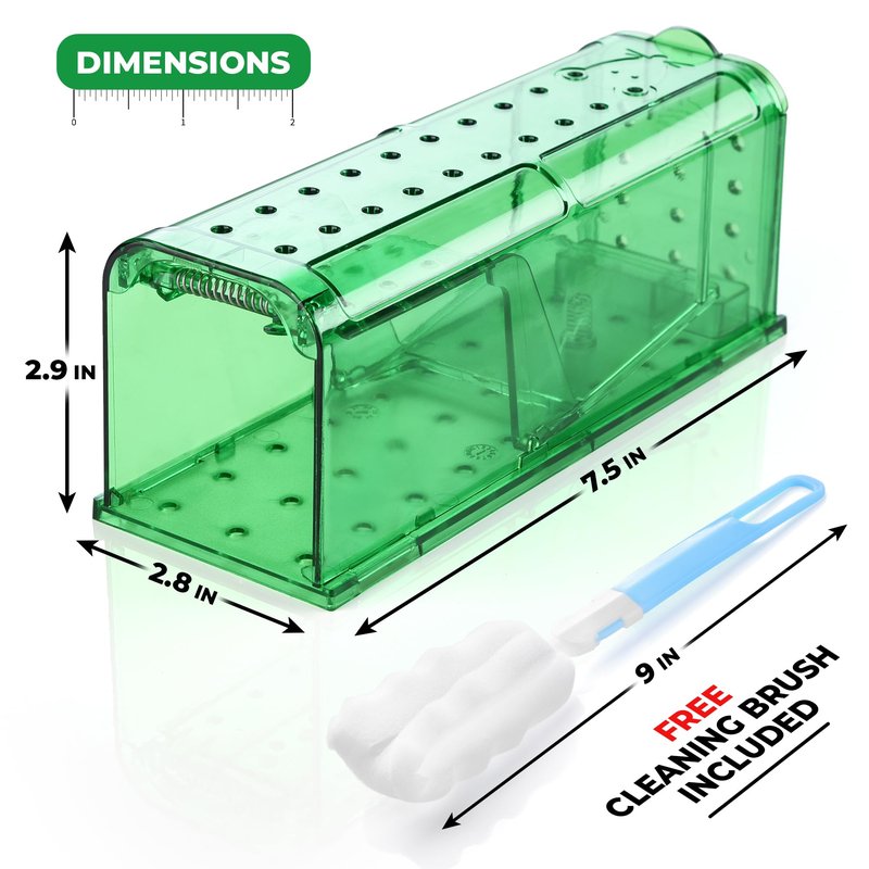Humane Mouse Trap Pack of 4 - No Kill - Live Mouse Traps Indoor for Home Use - Reusable Rodent Traps for House Indoor, Safe & Effective Rat Trap Outdoor - Humane Mice Control with Cleaning Brush