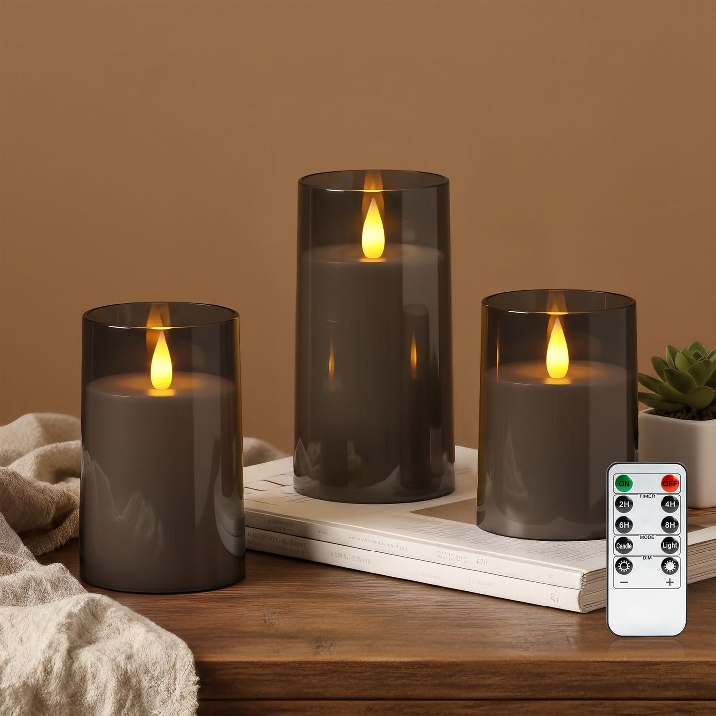 Raycare Flameless Electronic Pillar Candles with Remote Control and Timer- Battery Operated Realistic Flickering LED Fake Candle for Home, Wedding, Valentine's Day Decor, Grey,Set of 3(3"x4"5" 6")