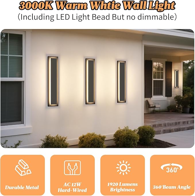 24 in Modern Long Outdoor Wall Lights Exterior Lights for House,LED Outdoor Wall Sconce Set of Two,Large Front Porch Light,Waterproof Patio Wall Light Fixture,24 W Exterior Garage Lighting