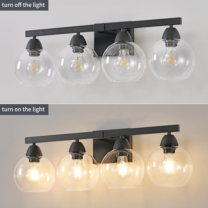 4-Light Bathroom Vanity Light, Matte Black Wall Sconce with Hand-Crafted Thick Glass Shades, High Transparency & Few Flaws, Perfect for Mirror, Bedroom, Hallway