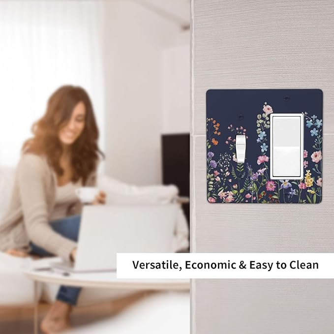 Rustic Wild Floral Darkground Vintage Watercolor Flower 2 Gang Single Toggle Rocker Combination Light Switch Cover Decorative Wall Plate Cover Electrical Faceplate Switchplate for Bedroom