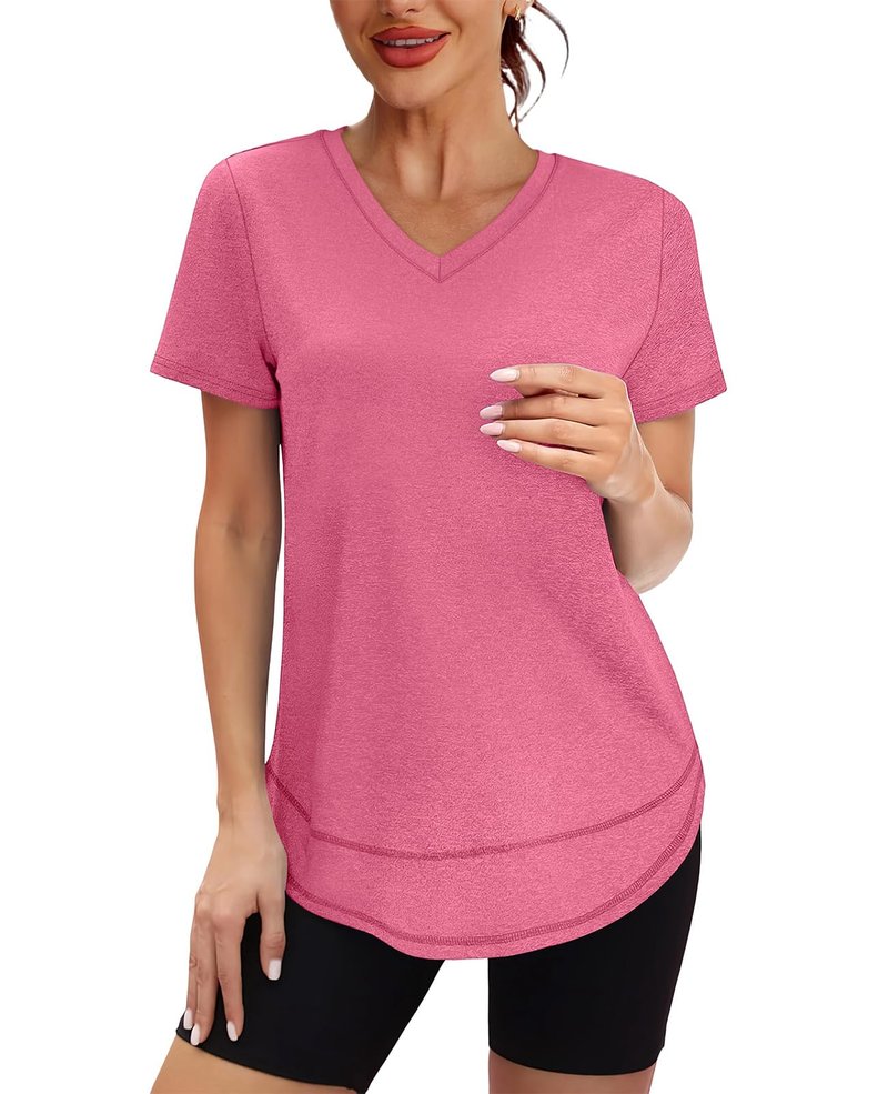 Short Sleeve Shirts for Women Workout Yoga Tops Sun Protection Clothing Summer Outfits Rash Guard Side Slit V Neck Red Pink XL