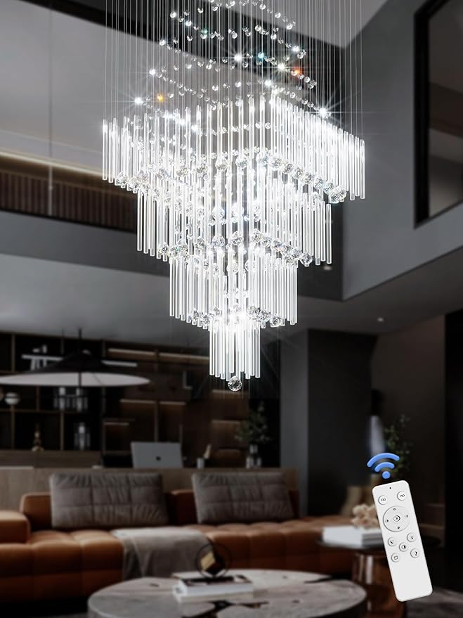 Flashing God D32''X H100'' Extra Large Chandeliers for High Ceilings Square Crystal Raindrop Gold Chandeliers Large Villa Chandelier Entrance Foyer Ceiling Light LED Dimmable 2700K-6000K