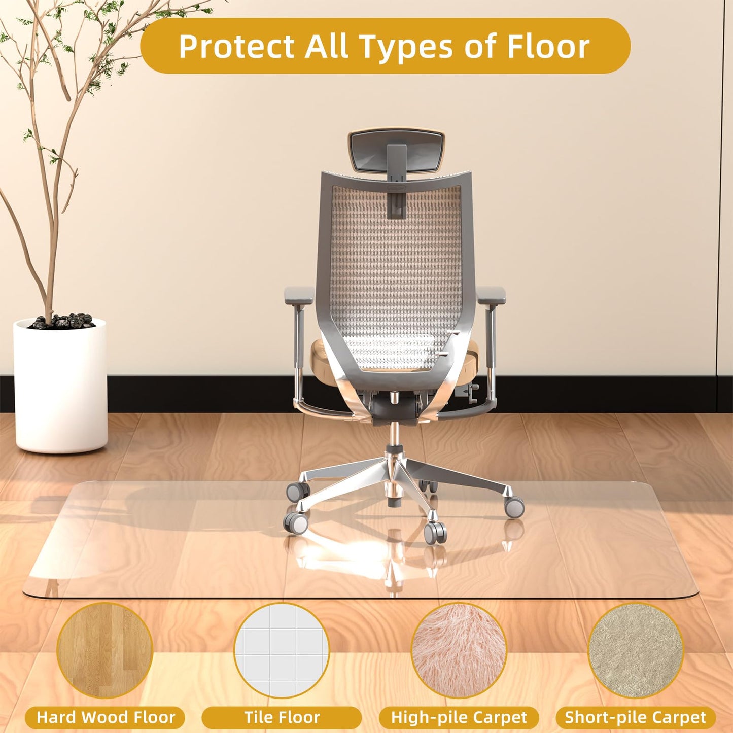 Tcyzest Glass Chair Mat Heavy 1/5" Thick Premium Tempered Glass Duty Hard Glass Chair Mats -for Office Chair on Carpet or Hard Floor with 4 Anti-Slip Pads 48" x 36"