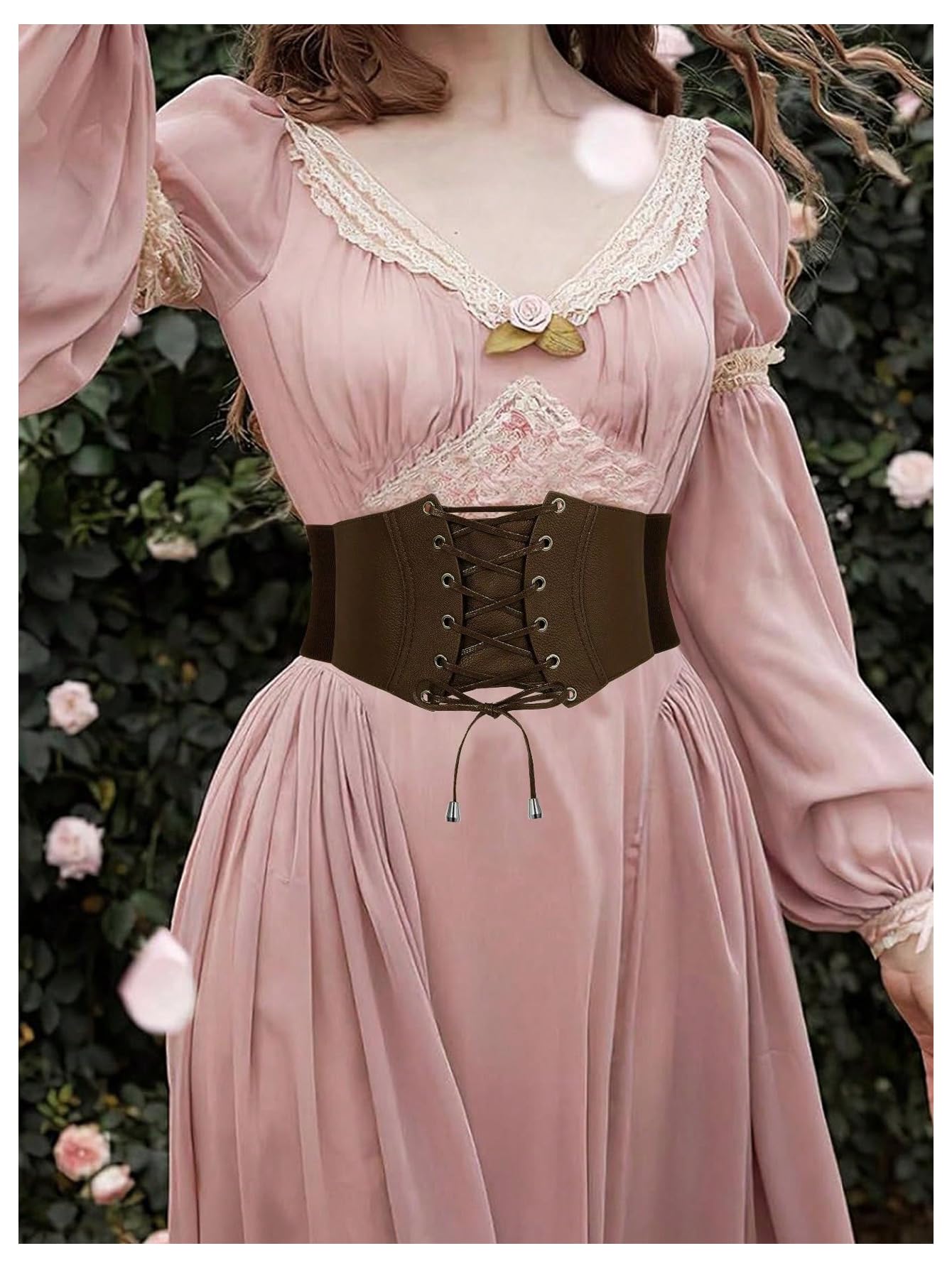 WDIRARA Women's Faux Leather Corset Belt Retro Lace Up Elastic Corset Waist Cincher Belt Brown Small