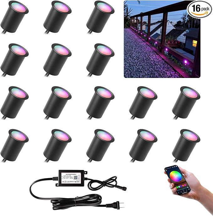 Wi-Fi Smart LED Outdoor Deck Lights, RGB Φ1.18in Low Voltage 12V DC IP67 Waterproof, Timer Voice Music Color Changing, Compatible with Aleax Google Assistant, Stair Step Lighting 16 Pack Black