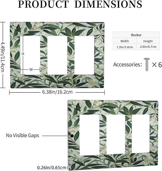 Sage Eucalyptus Leaves Foliage 3 Gang Rocker Triple Outlet Wall Plate Decorative Switchplate Cover Faceplate GFCI Light Switch Covers for Farmhouse Living Decor