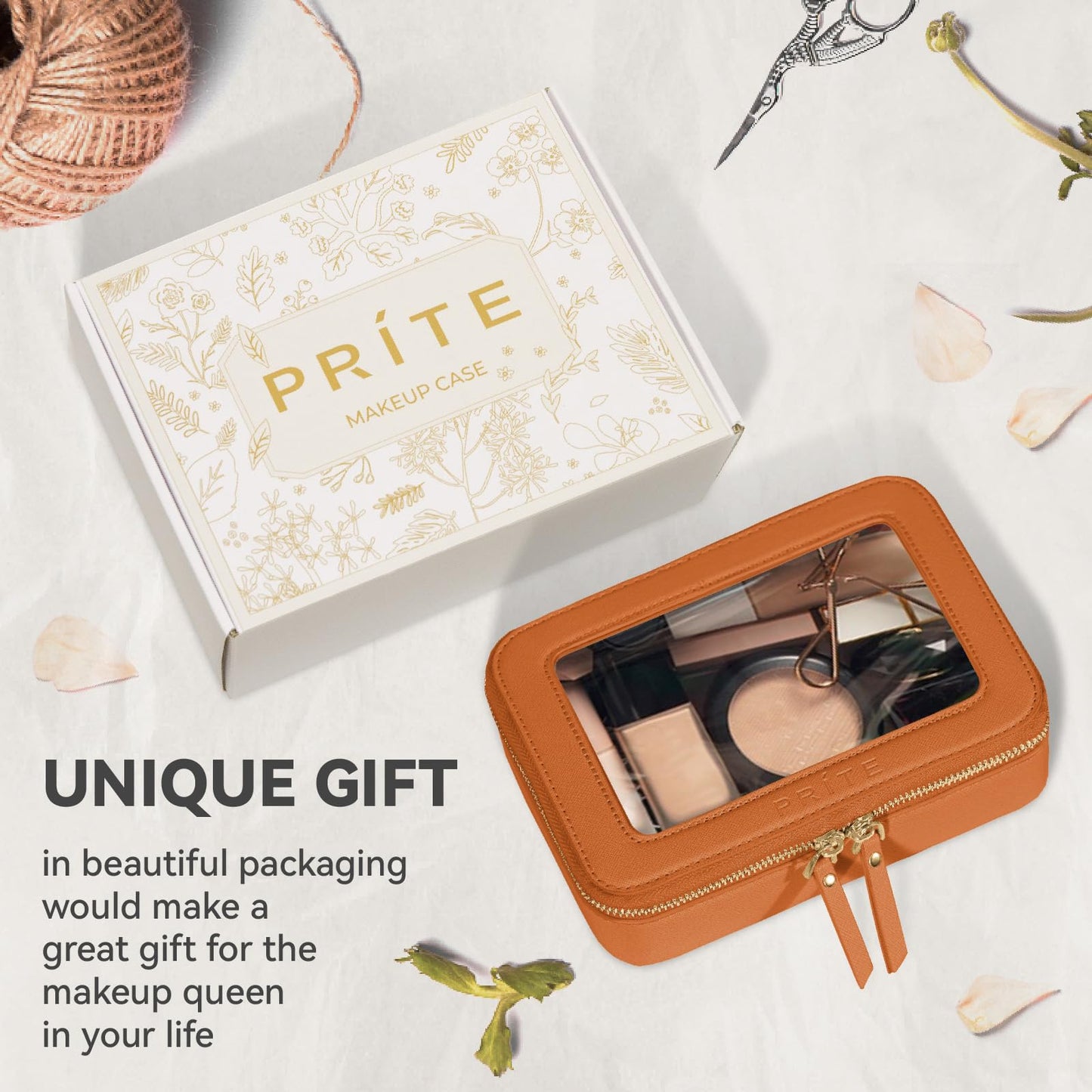 Prite Clear Makeup Bag Cosmetic Organizer Case Waterproof Travel Toiletry Bag Skincare Pouch with Golden Zipper(Brown)