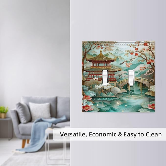 Asian Palace Traditional Bridge Cherry Blossoms Light Switch Covers Double Toggle 2 Gang Wall Plate Dual Decorative Switchplate Electrical Faceplate for Farmhouse Decor