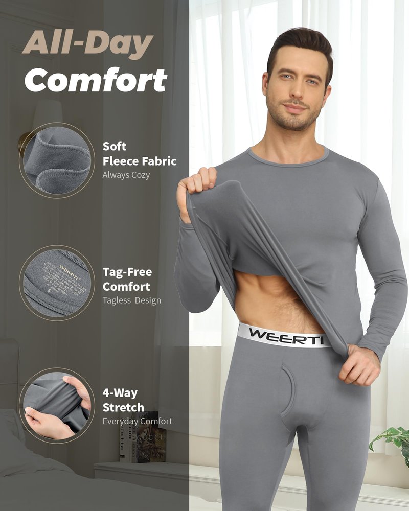 WEERTI Thermal Underwear for Men Long Johns with Fleece Lined Base Layer Men Cold Weather Top Bottom-Grey XXL