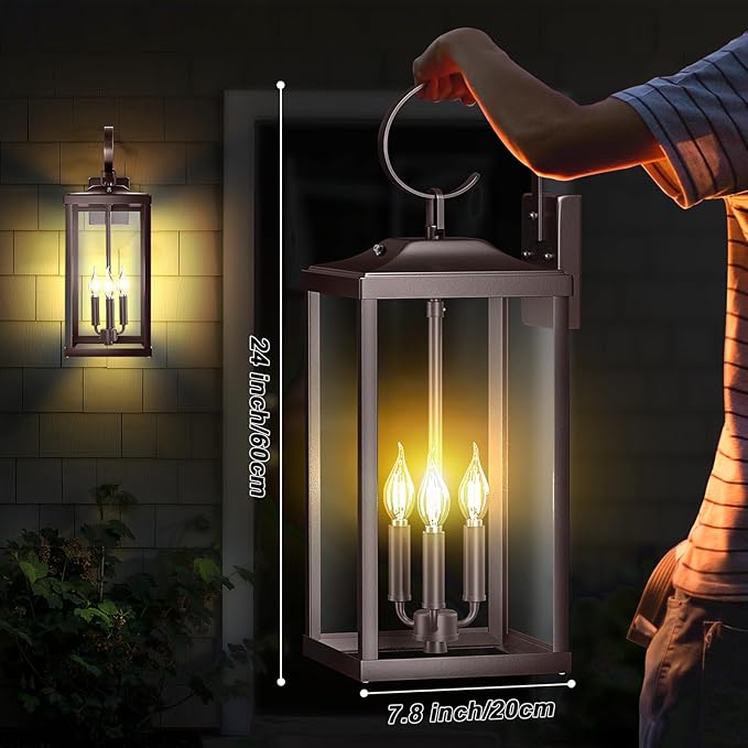 24" Extra Large Dusk to Dawn Outdoor Wall Light, Oil Rubbed Bronze 3-Light Waterproof Exterior Wall Mount Porch Lantern, Modern Outside Wall Sconce Coach Light Brown, E12, 1-Pack