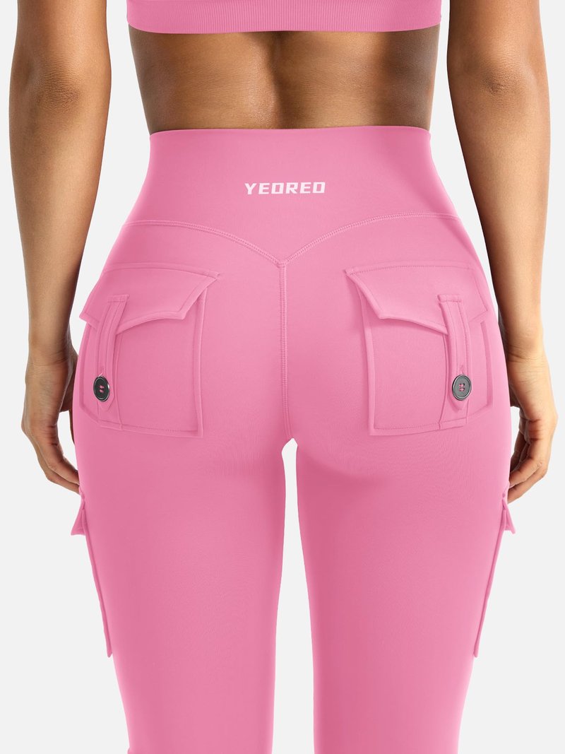 YEOREO CoreFlex Women Workout Flare Leggings with Pockets Hidden Scrunch High Waisted Cargo Gym Yoga No Front Seam Leggings Pink L