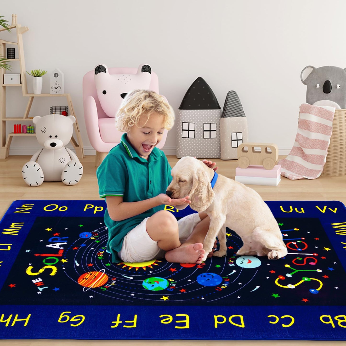 LUXLOOM 3x5 Outer Space Rug Kids Playroom Rug Solar System ABC Alphabet Educational Floor Mat Non Slip Backing Planet Carpet Ultra Soft Low Pile Area Rug for Bedroom Classroom Nursery Playroom Blue